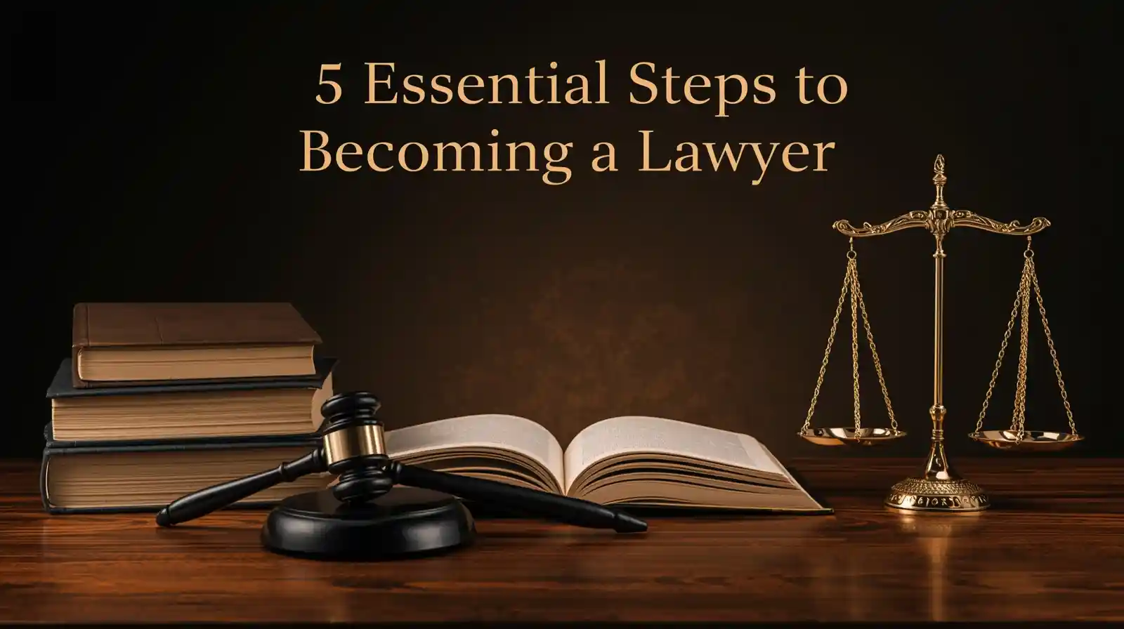 Infographic showing the 5 Essential Steps to Becoming a Lawyer with icons of study, exams, and legal practice.