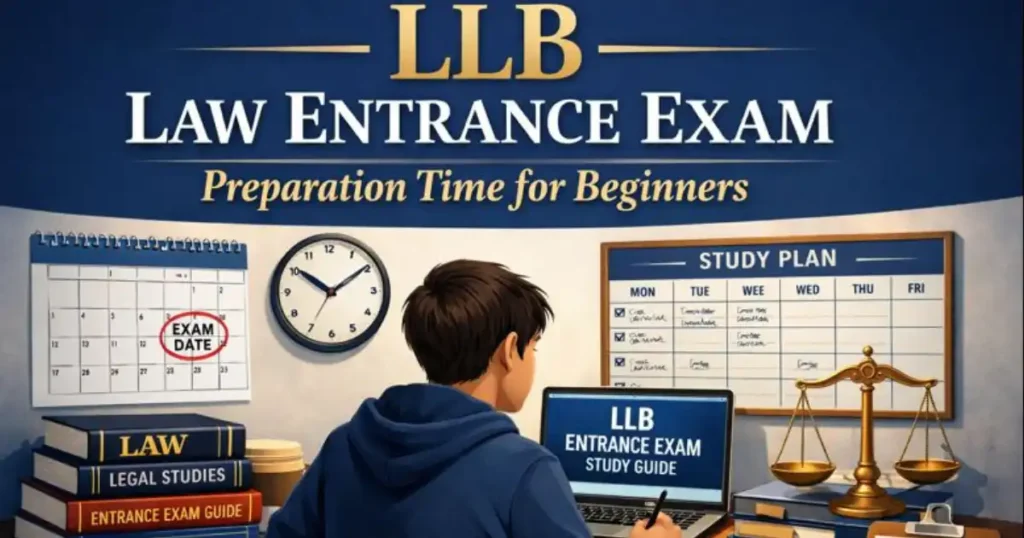 Beginner law student studying books and notes for LLB Entrance Exam Preparation Time for Beginners.